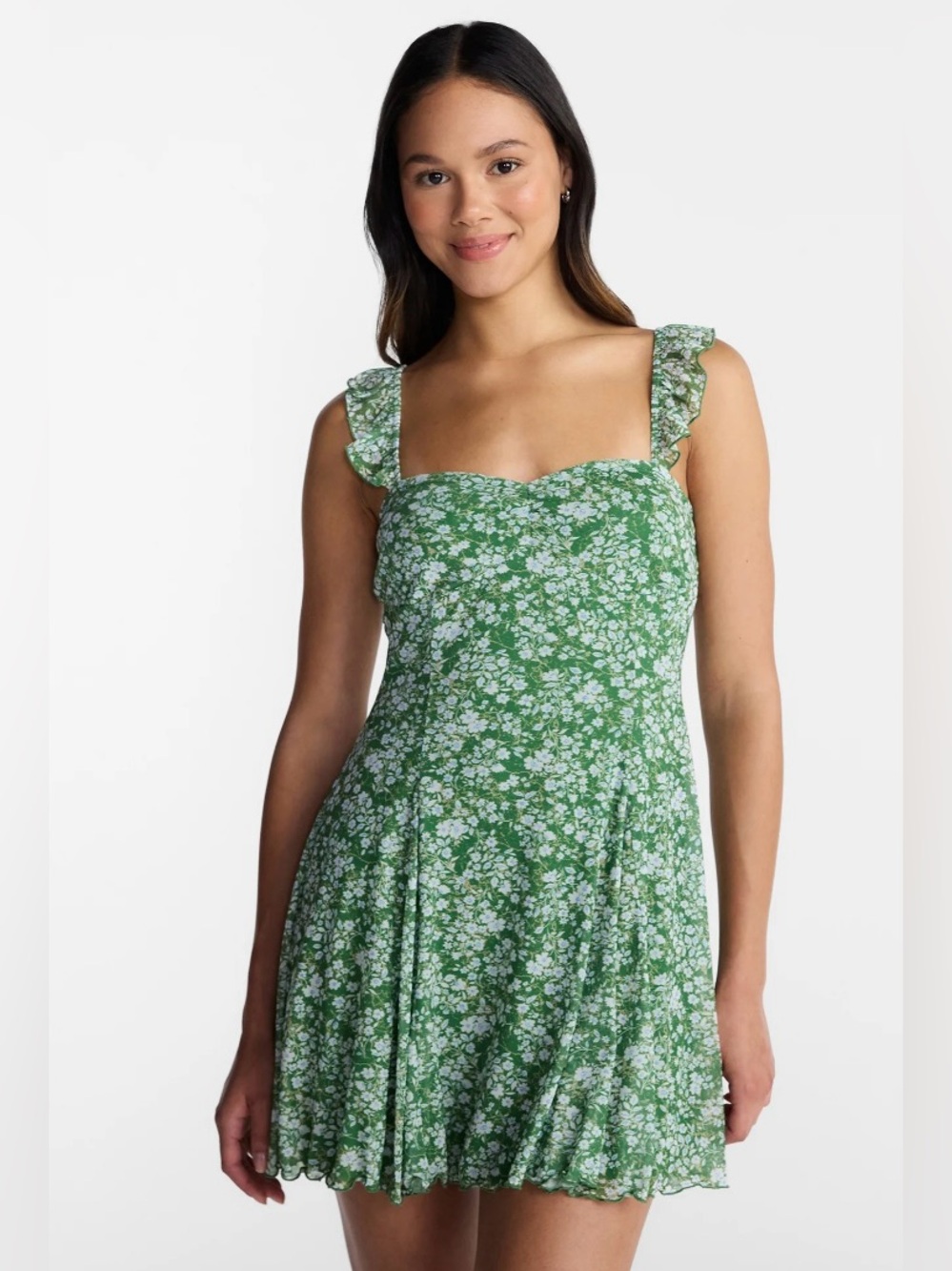 NWT No Boundaries Green Floral Ruffle-Strap mini Sundress